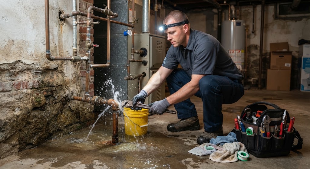 Plumber responding to emergency leak repair Linden NJ