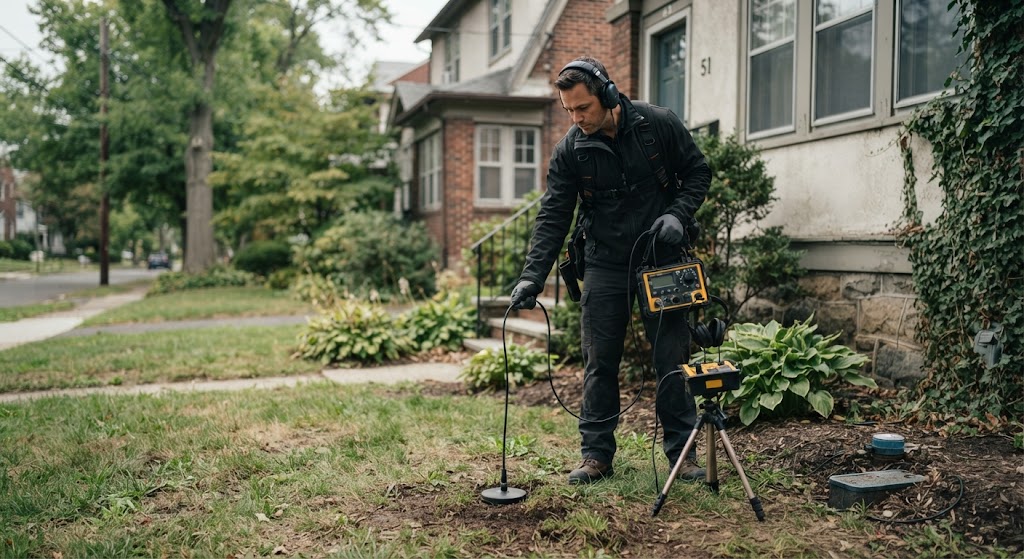 Technician performing water line leak detection Linden NJ